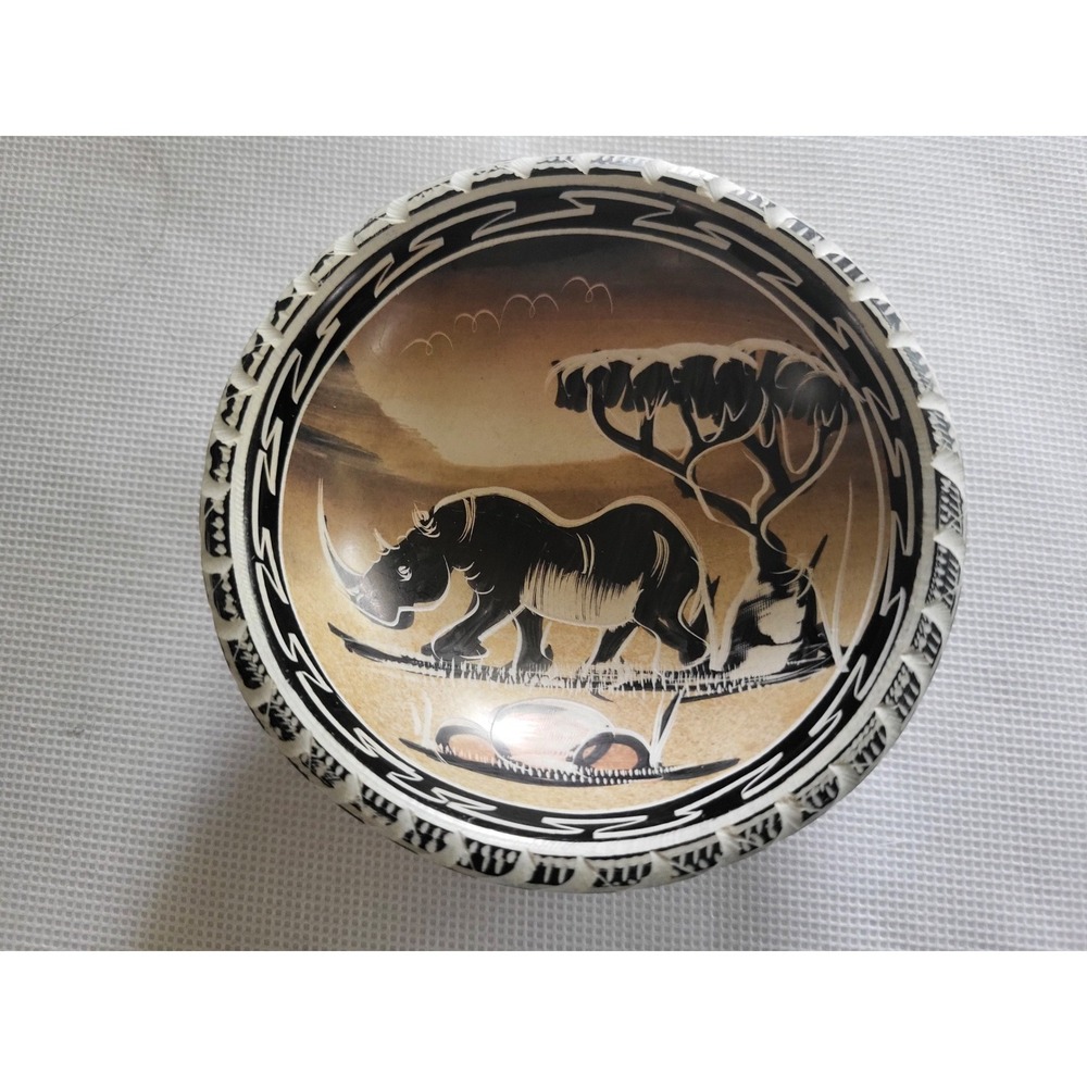 Hand Painted African Soapstone Rhinoceros Safari Art Bowl Brown Black Small